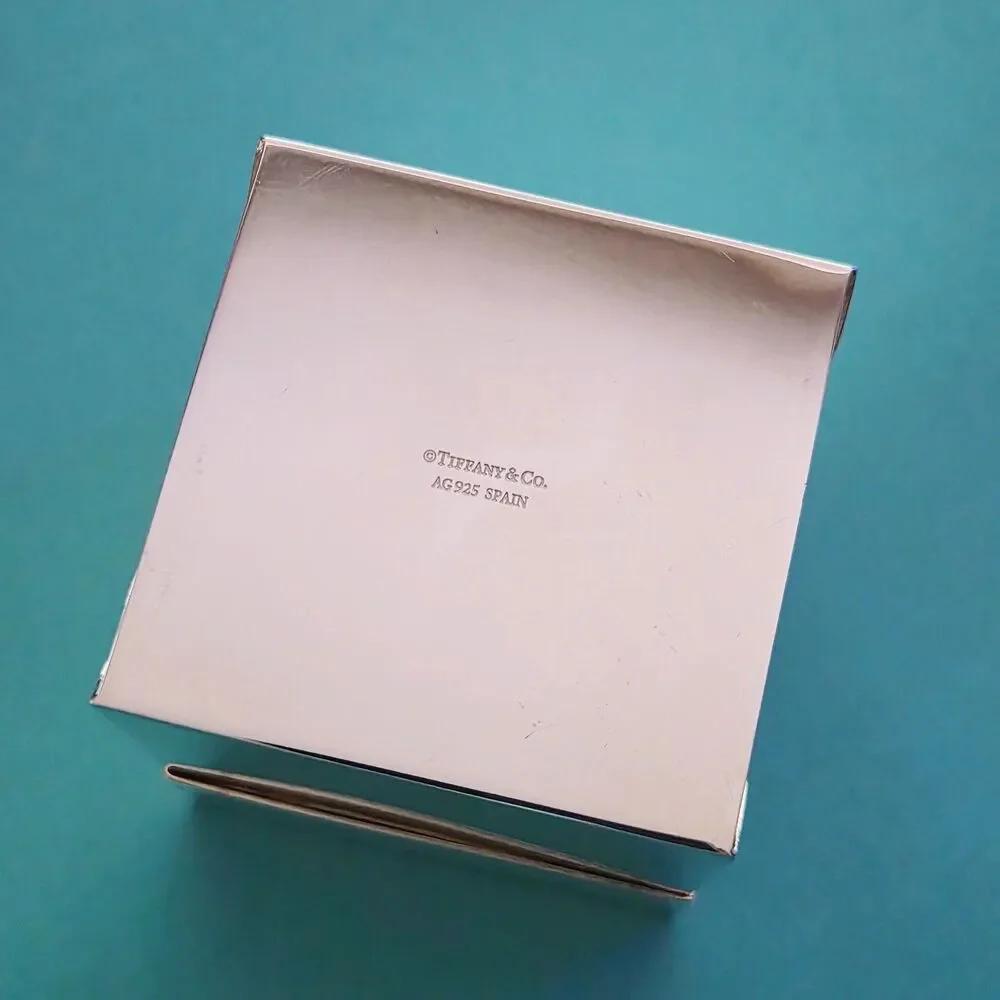 RARE Tiffany and Co.  Enamel Lid Interior Sterling Silver Square Keepsake Box